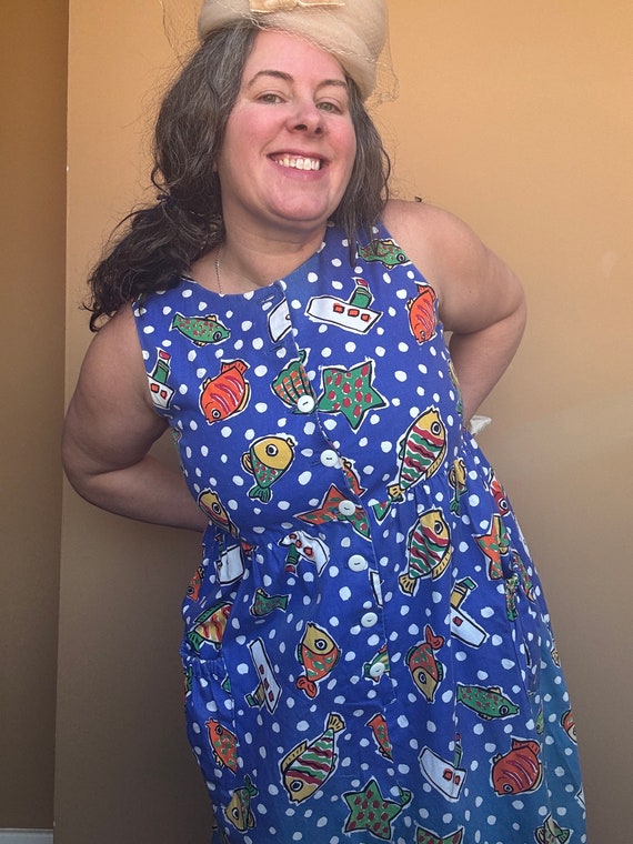 Vintage Deep Blue Sea Cotton Sundress L/XL Novelty