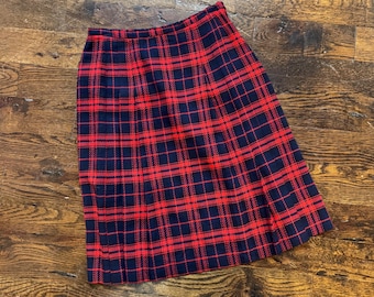 60s 70s Red & Black Plaid Pleated Wool Mini Skirt M