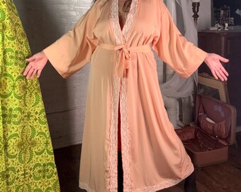 Vintage HALSTON Peach Peignoir Robe Kimono Sleeve LARGE