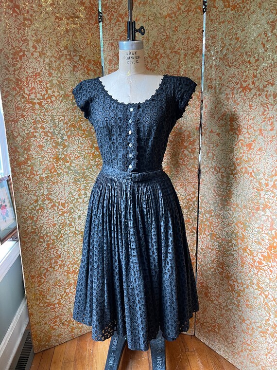 50s Vintage Dress S Black Eyelet Dress 60s Fit n F