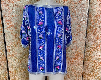 Vintage blauwe top met kralen uit de jaren 80 M