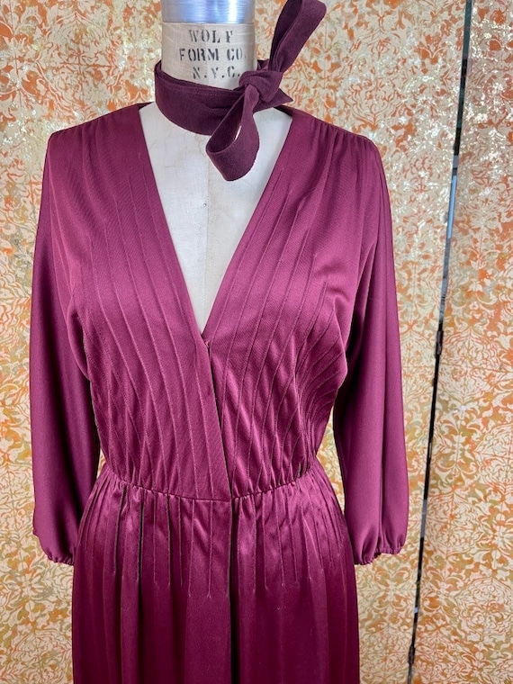 Vintage 70s Burgundy Dress S/M Joan Leslie Pintuck