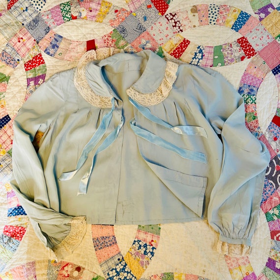 40s Vintage Blue Bed Jacket S/M Blue Rayon Linger… - image 8