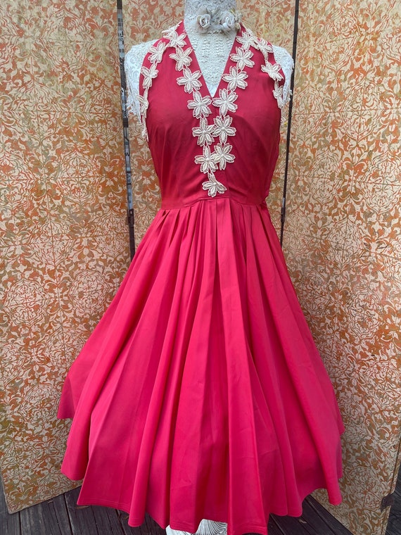 50s Red Party Dress S Taffeta Halter Dress with F… - image 1