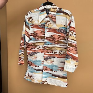Vintage 70s Ostrich Dreamscape Novelty Print Shirt M Topaz