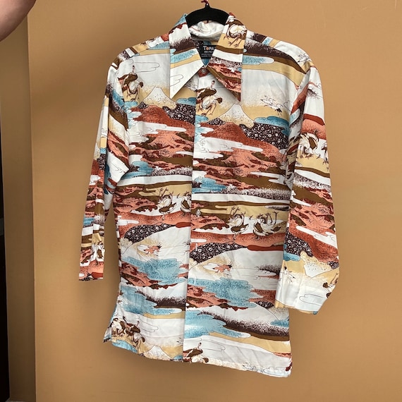 トップス vintage 70s shirt Vintage 70s Ostrich Dreamscape Novelty Print Shirt M Topaz