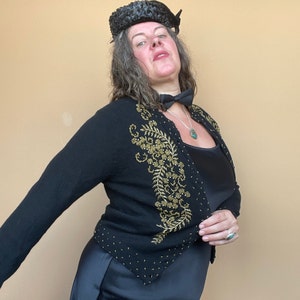 Vintage Beaded Black Cardigan Sweater Size 40