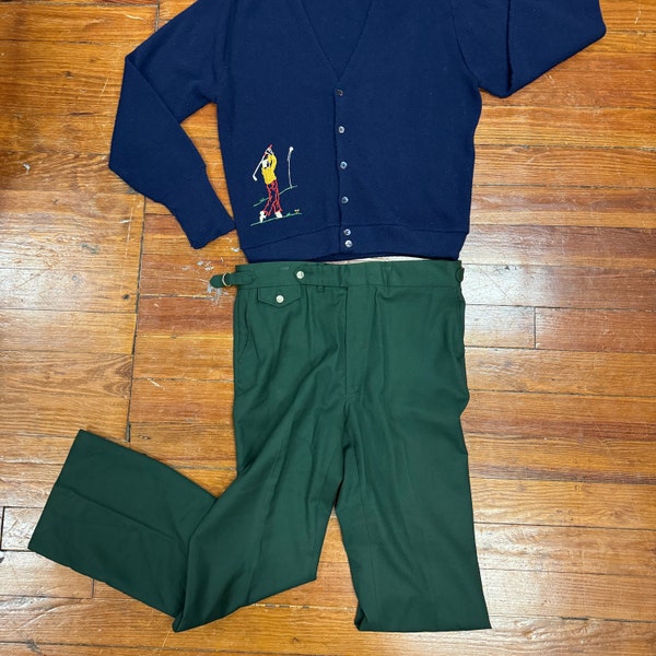 60s Vintage Izod Green Pants 38 x 34 Men's Flat Front Trousers Side Buckle