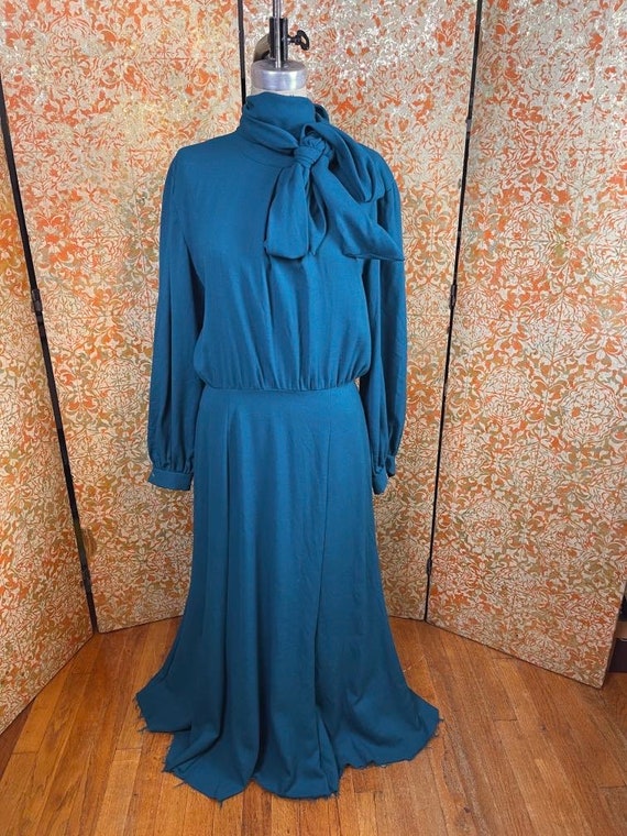 Vintage Teal Wool Dress L 80s Pussy Bow Dress - image 3