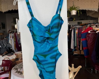 90s Vintage Gottex Bathing Suit M  Caribbean Blue Swimsuit