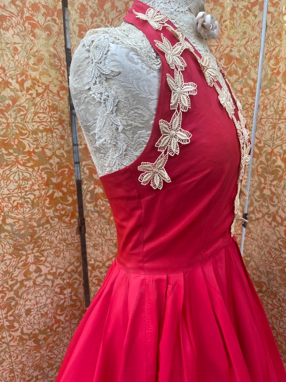 50s Red Party Dress S Taffeta Halter Dress with F… - image 6