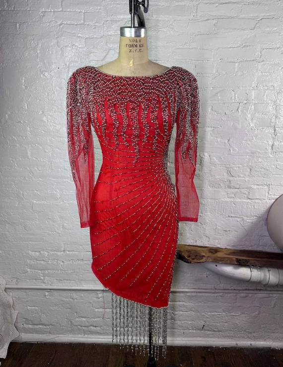 strapless open back dress Gorgeous Scoop Neck Cap Sleeves Red Satin Prom Dresses with Beaded, Formal  Gown Dresses,MP512 main image 1