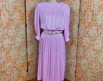 80s Pink Pleated Skirt Dress M Day Dress