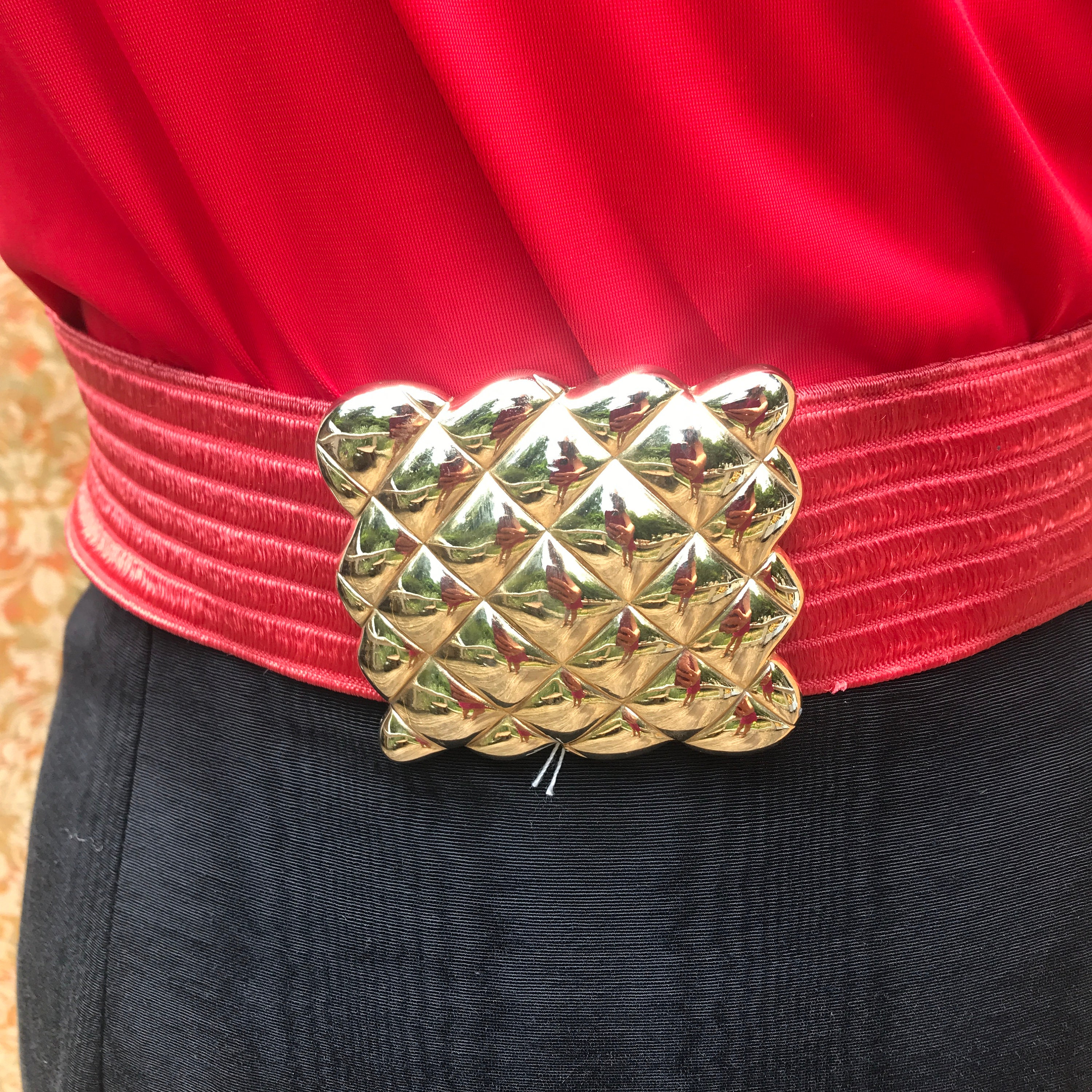80s Vintage Red Belt Gold Belt Buckle M 