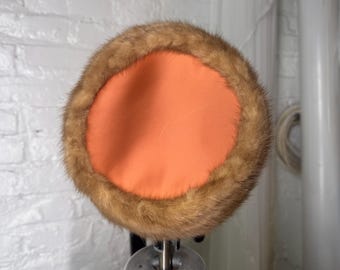 50s Vintage Orange Satin Fur Trimmed Pillbox Hat