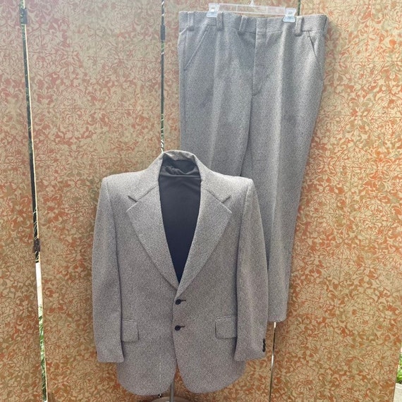 Vintage Brown Houndstooth Mens Polyester Suit 46R