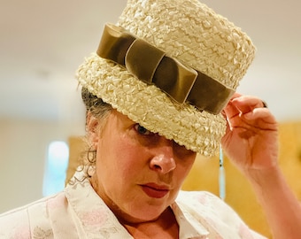 60s Vintage Bucket Hat Ladies Summer Hat White Peach Basket Hat