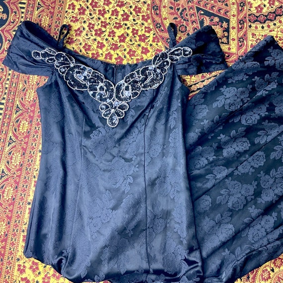 90s Black Brocade Column Party Dress S/M Off the … - image 7