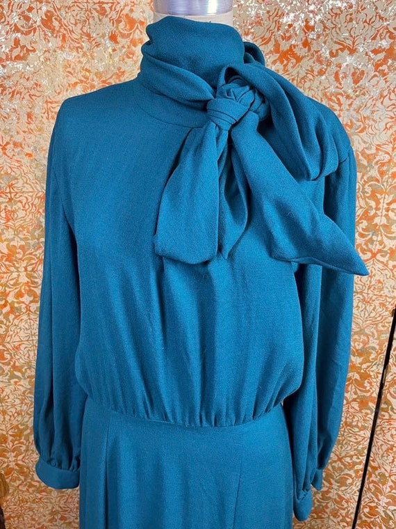 Vintage Teal Wool Dress L 80s Pussy Bow Dress - image 6