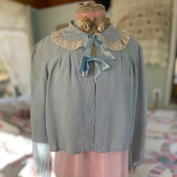 40s Vintage Blue Bed Jacket S/M Blue Rayon Linger… - image 1