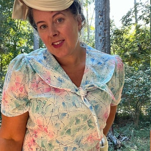 80s Vintage Dress L/XL 1980s Pastel Midi Dress Sailor Collar Dress