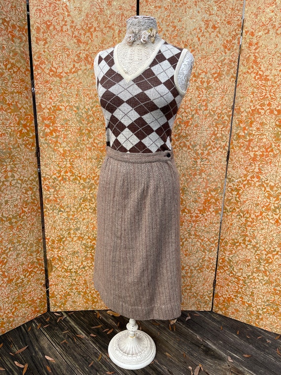 Vintage Brown Herringbone Tweed Skirt S - image 9