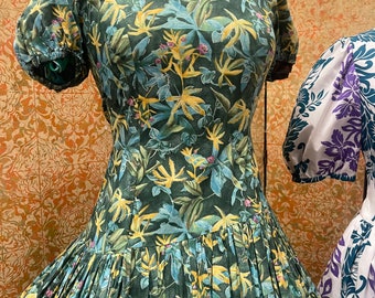 80s Vintage Green Hawaiian Print Dress M Giant Puff Sleeves