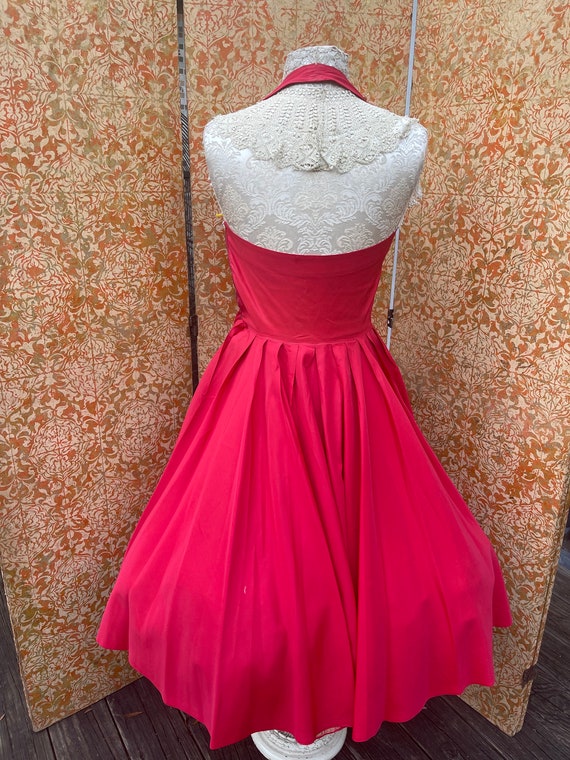 50s Red Party Dress S Taffeta Halter Dress with F… - image 2