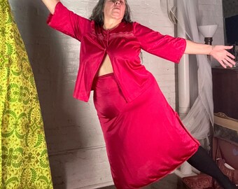 60s Vintage Lingerie Bed Jacket Red L Pajama Top