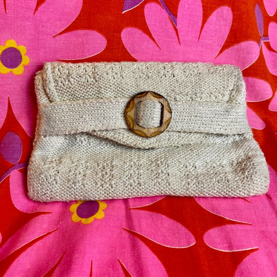 70s Vintage Crocheted Clutch White Knit Envelope … - image 1