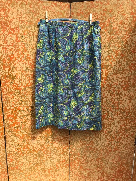 60s Vintage Skirt Swirl Print 1960s Pencil Skirt S
