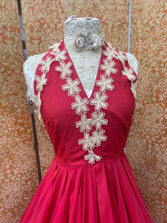 50s Red Party Dress S Taffeta Halter Dress with F… - image 3