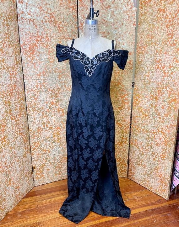 90s Black Brocade Column Party Dress S/M Off the … - image 2