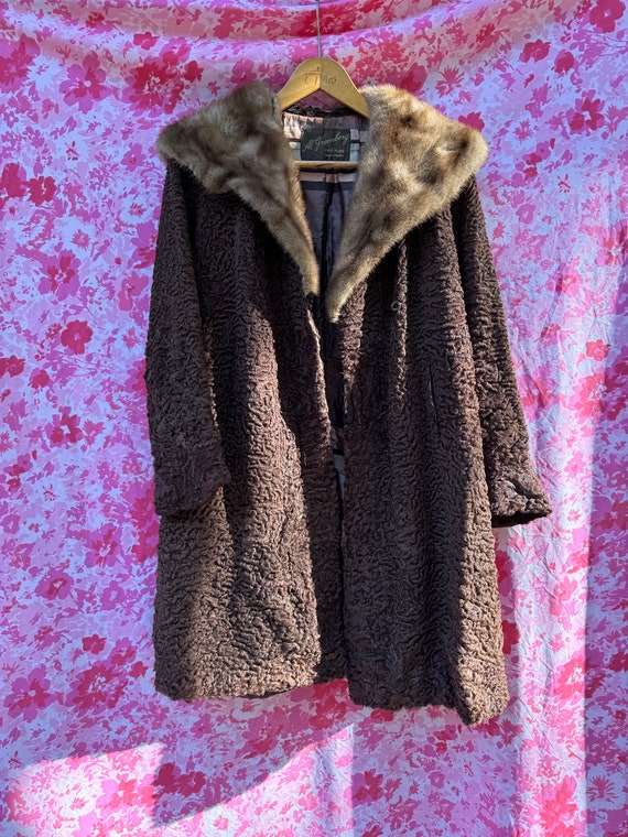 50s Vintage Striped Faux Fur Coat L