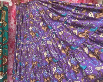 Vintage Full Skirt M Cowgirl Novelty Print Skirt Purple Tiered Skirt