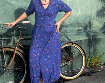 90s Vintage April Cornell Blue Floral Dress M Bias Cut Tie Back