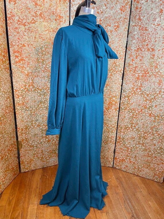 Vintage Teal Wool Dress L 80s Pussy Bow Dress - image 5