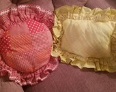 Vintage Quilted Pillows 17 inch 1960s 70s Floral Accent Pillows Ruffled Throw Pillows Homemade Red or Yellow Retro Home Decor OOAK