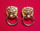Vintage Lions Head Door Knocker Earrings Lion Jewelry Gold tone Door Knockers Clip on Earrings 1970s Fashion Jewelry