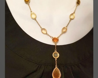 Vintage Trifari Necklace Signed Gold & Glass Lariat Adjustable Jewelry