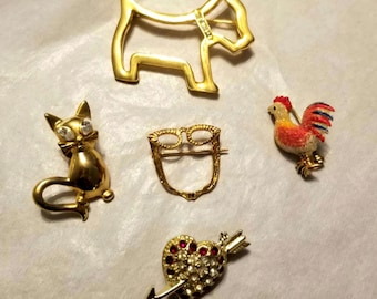 Vintage Figural Brooch Pin: Cat, Rooster, Heart, Scottie Dog, Glasses