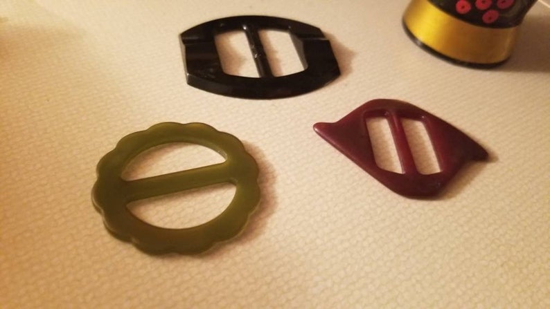 Vintage Belt Buckle Slides Bakelite /& Celluloid Accessories Scarf Slides Set of Three