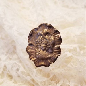 Vintage Repousse Brass Hatpin Large Victorian Gilded Portrait 9" Long Antique Accessory