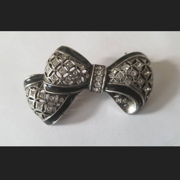 Vintage Anne Klein Brooch Silver & Black Enamel Bow Brooch Pin Rhinestone Signed