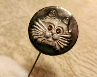 Vintage Enamel Cat Stick Pin Accessory 2.5" OOAK Artisan Jewelry