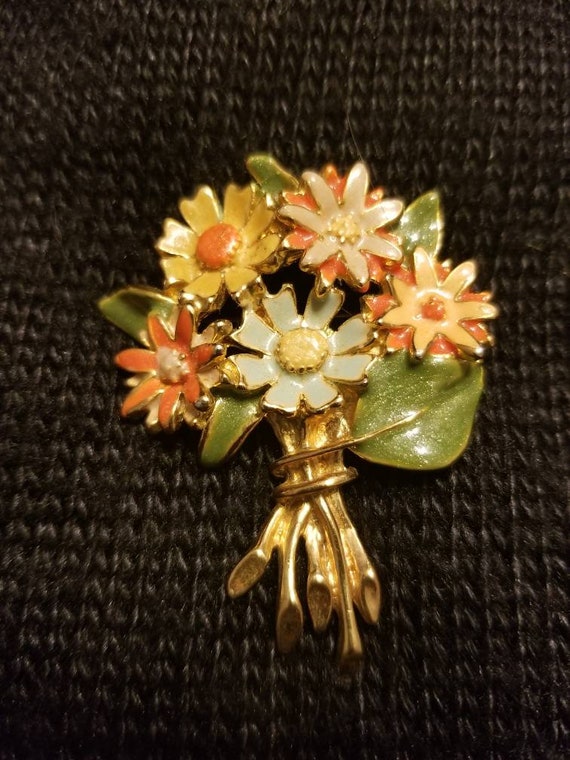 Charming Vintage Enamel Flower Brooch Colorful Bou