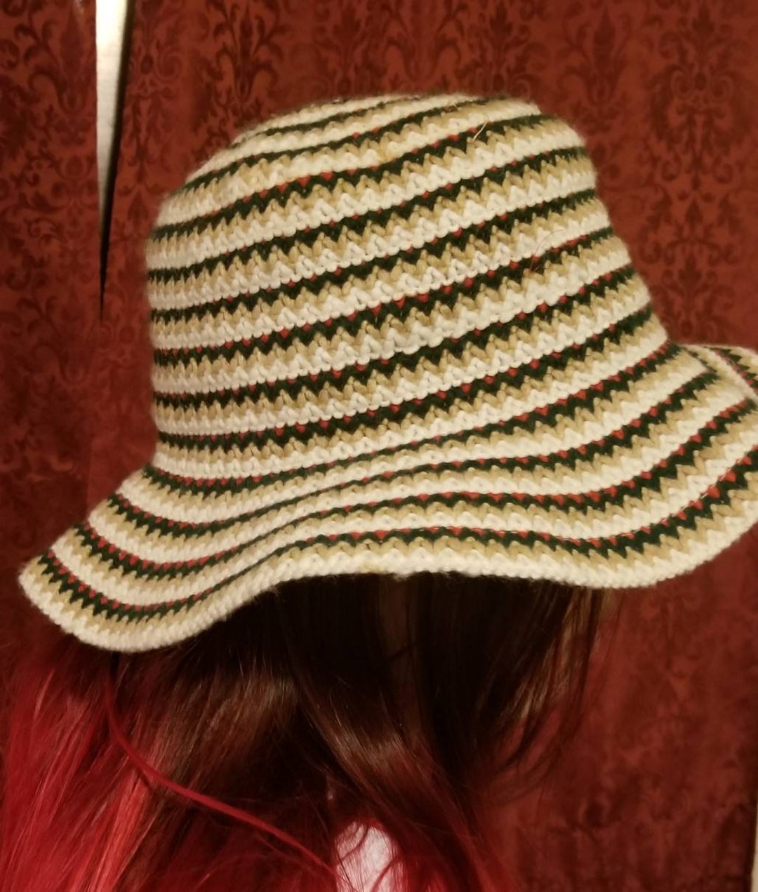 Vintage Bucket Hat Striped Slouch Hat 1940s Wide Brim Woven Hat Great ...