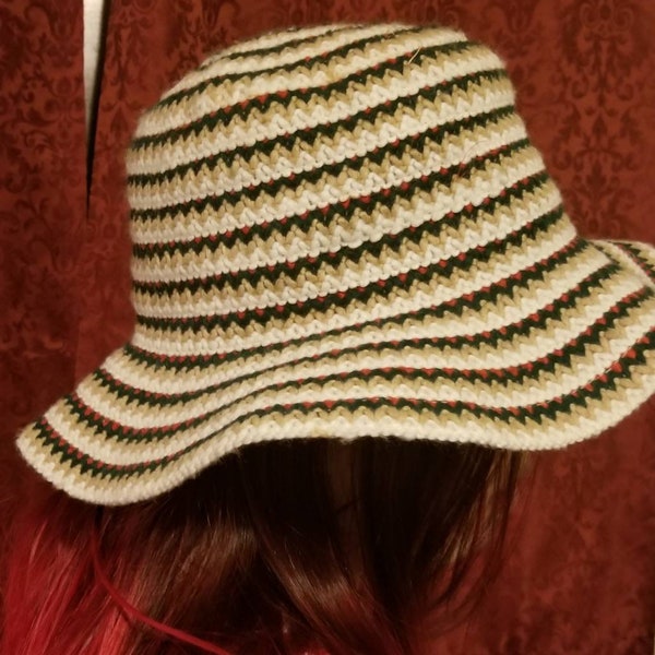 Vintage Striped Slouch Hat Woven 1940s Wide Brim Bucket Hat Great Sun Hat Boho Accessory