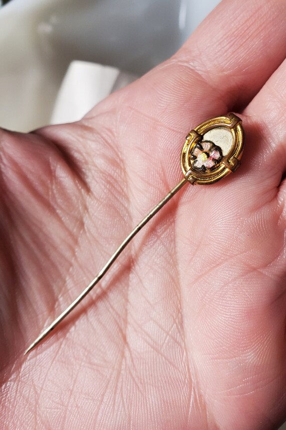 Antique Stick Pin Hatpin Victorian Enamel Gilt Fl… - image 6