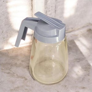 Vintage Gemco Glass Syrup Dispenser: Mid Century Modern Blue Lid, 12 oz